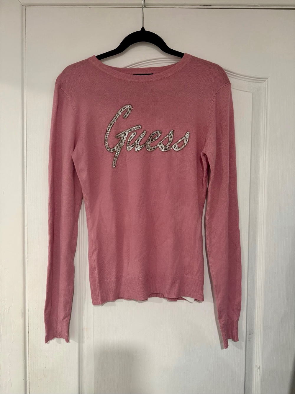GUESS Pink Long-Sleeve Logo Knit Top